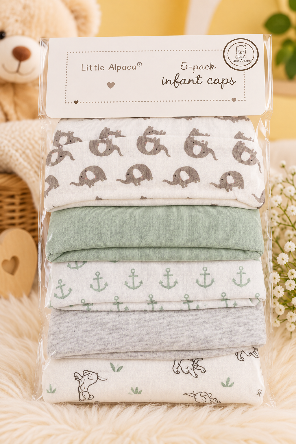 Little Alpaca 100% Cotton Infant Caps – 5 Pack