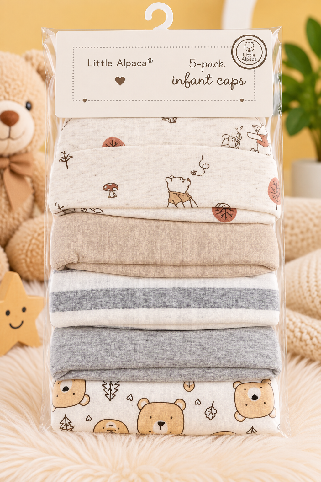 Little Alpaca 100% Cotton Infant Caps – 5 Pack