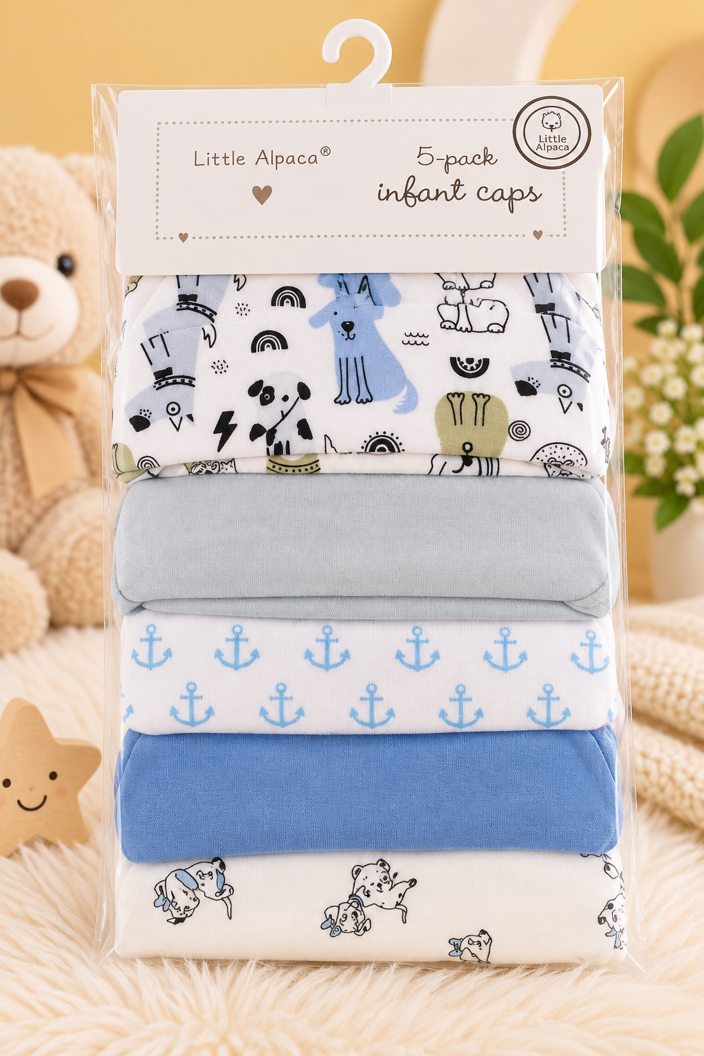 Little Alpaca 100% Cotton Infant Caps – 5 Pack