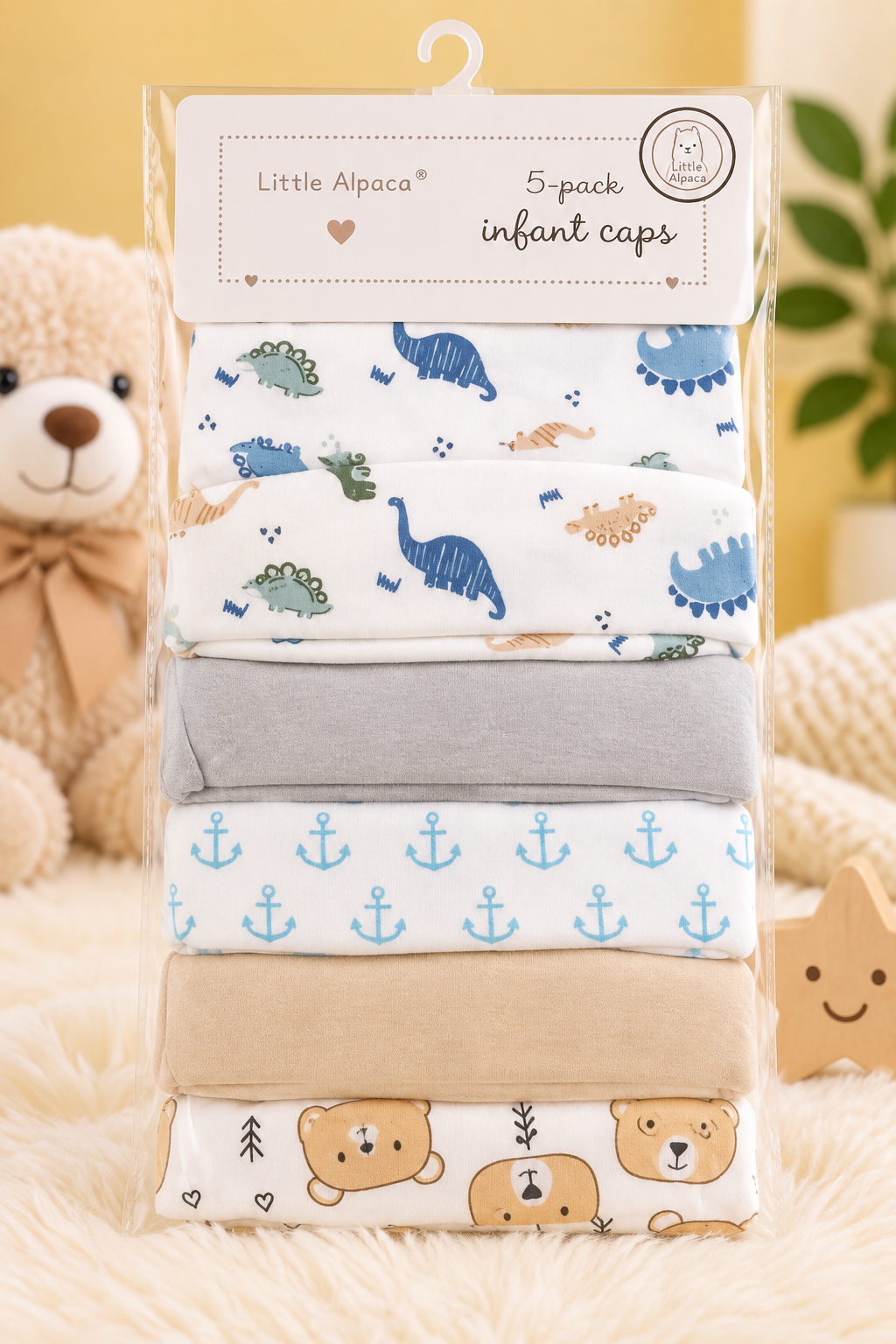 Little Alpaca 100% Cotton Infant Caps – 5 Pack
