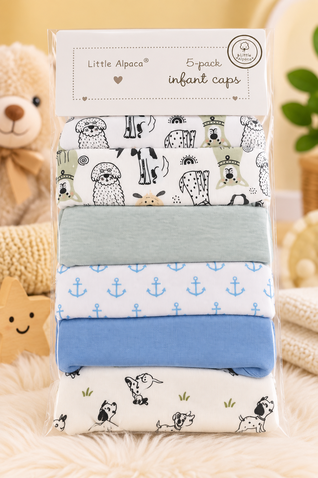 Little Alpaca 100% Cotton Infant Caps – 5 Pack