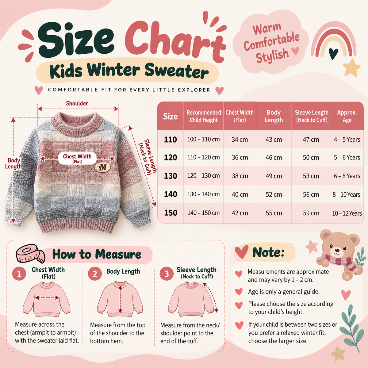Kids’ Textured Check Winter Sweater – Mauve, Cream & Grey