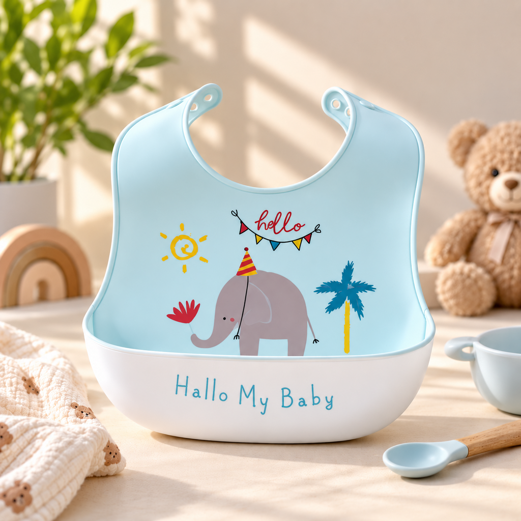 Baby Silicone Feeding Bib with Food Catcher Pocket – Adjustable & Easy Clean