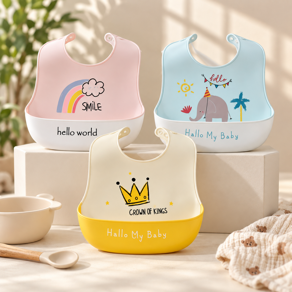 Baby Silicone Feeding Bib with Food Catcher Pocket – Adjustable & Easy Clean