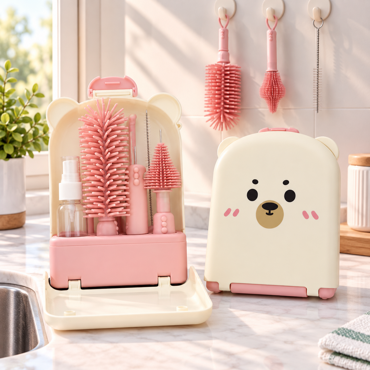 Portable Baby Bottle Cleaning Brush Set with Drying Rack & Storage Case