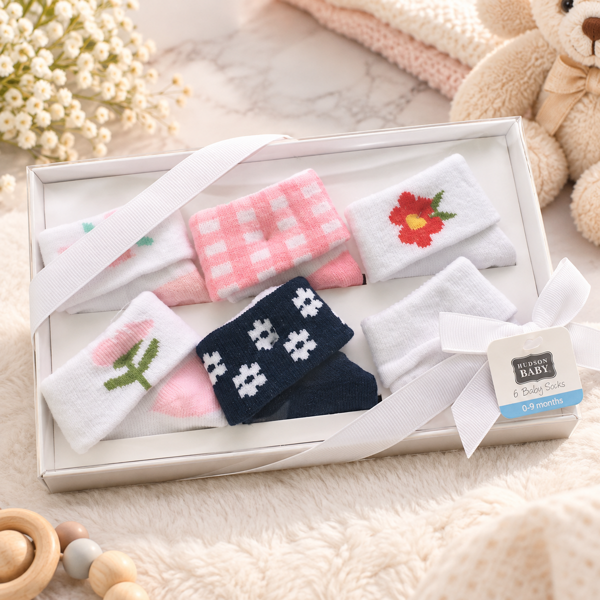 Hudson Baby Girls 6-Pack Cotton Socks Gift Set – 0–9 Months