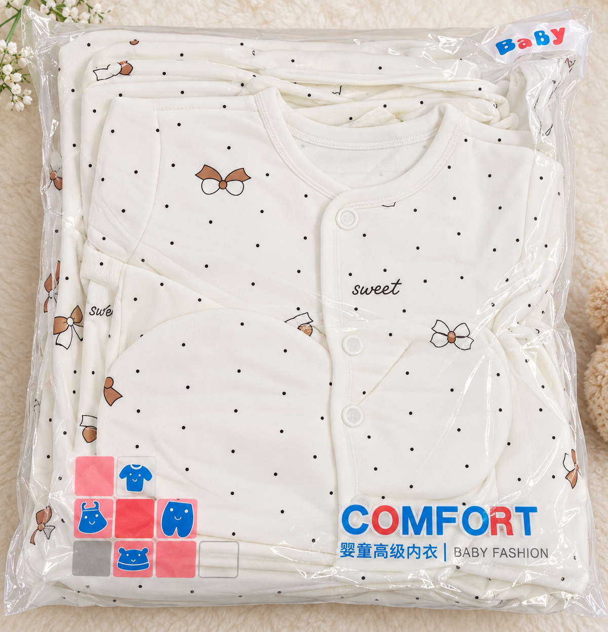 11-Piece Newborn Baby Winter Essentials Set – Soft & Comfortable Bow Print