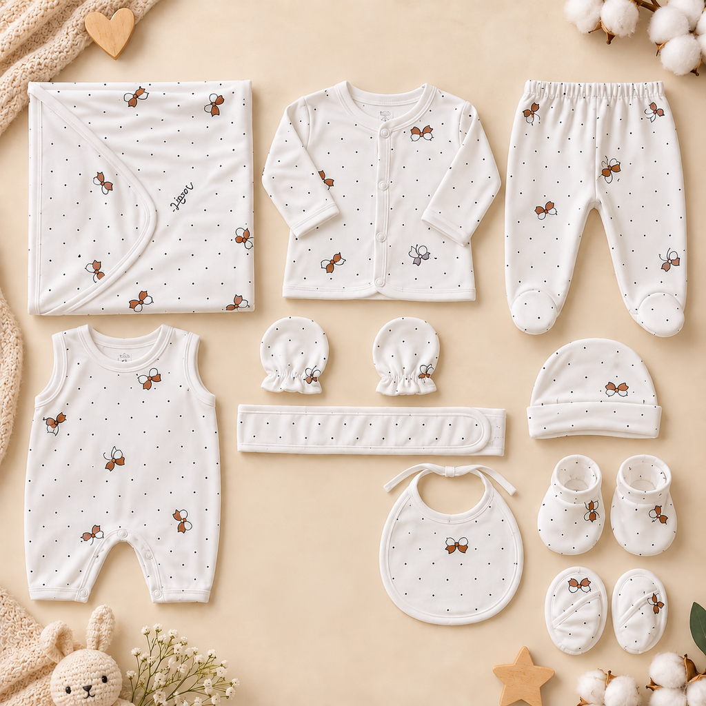 11-Piece Newborn Baby Winter Essentials Set – Soft & Comfortable Bow Print