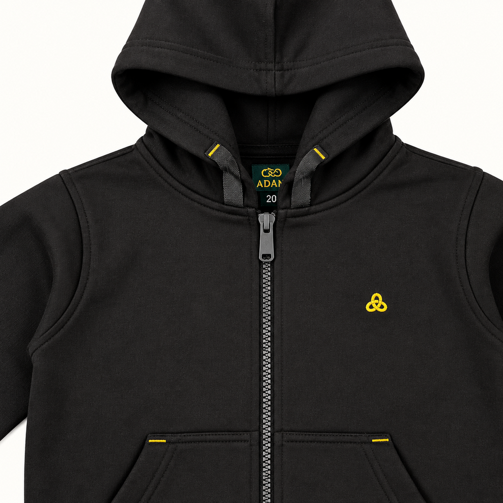 Kids Black Zip-Up Hoodie with Yellow Trim – Warm Winter Jacket