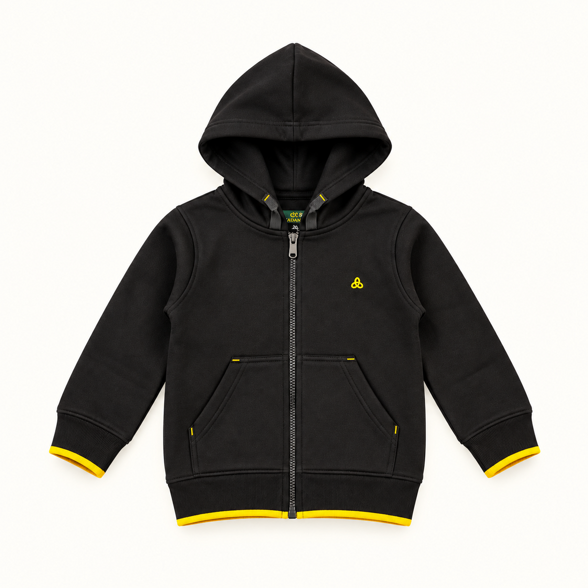 Kids Black Zip-Up Hoodie with Yellow Trim – Warm Winter Jacket