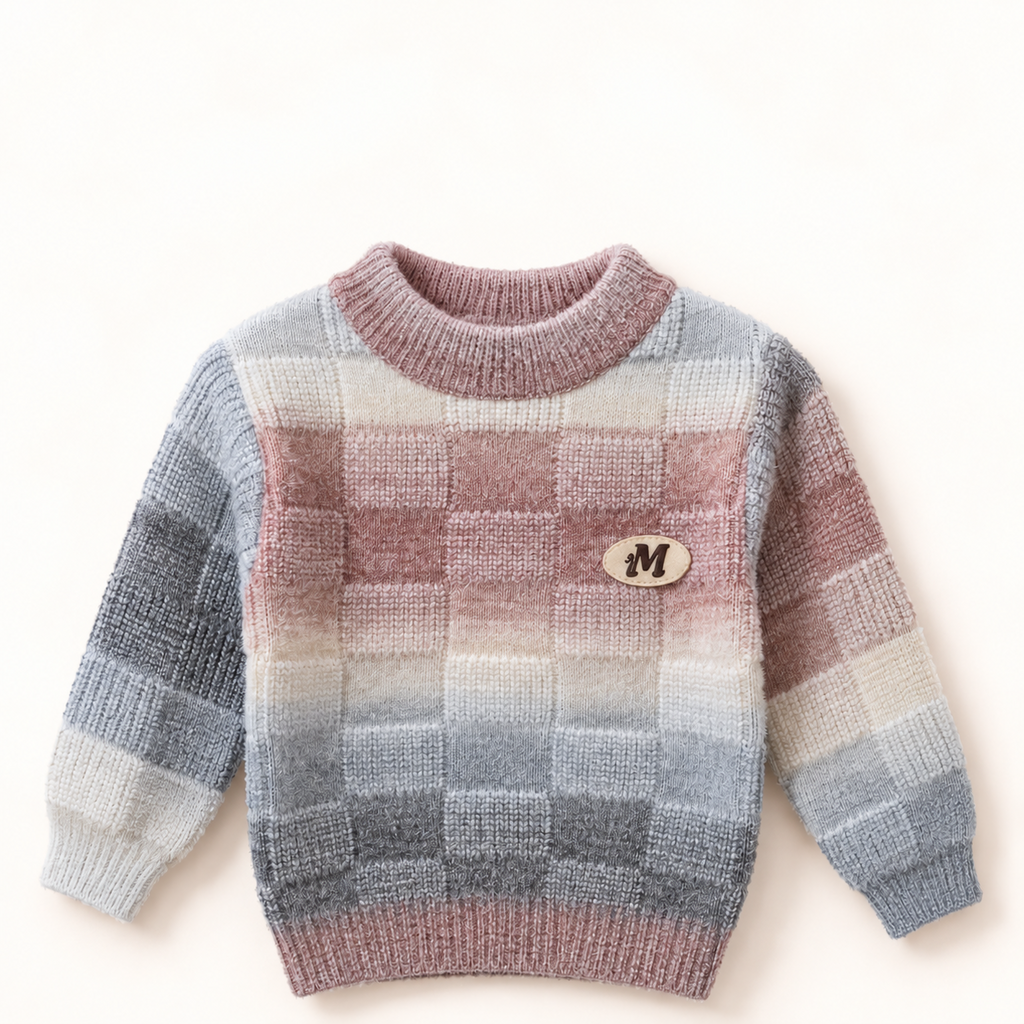 Cozy Textured Check Kids Winter Sweater – Mauve, Cream & Grey