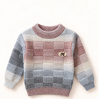 Cozy Textured Check Kids Winter Sweater – Mauve, Cream & Grey