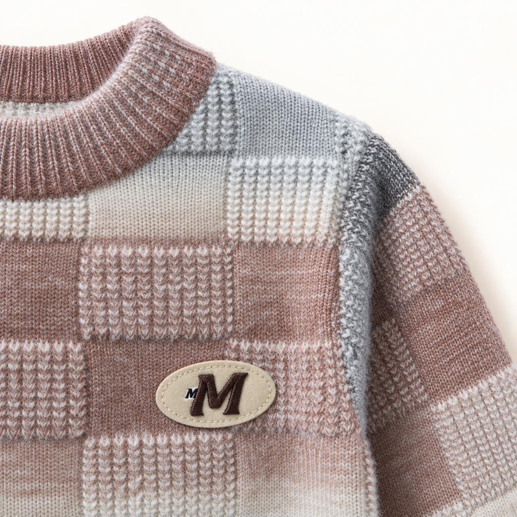 Cozy Textured Check Kids Winter Sweater – Mauve, Cream & Grey