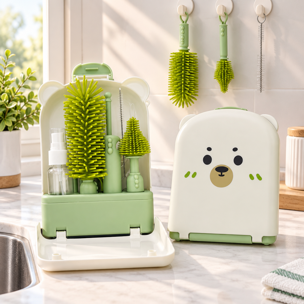 Portable Baby Bottle Cleaning Brush Set with Drying Rack & Storage Case