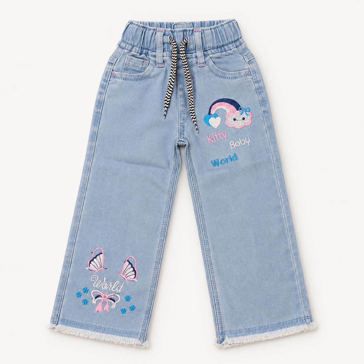 Girls Embroidered Baggy Jeans – Light Blue Denim