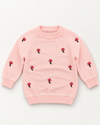 Girls Mushroom Embroidered Knit Sweater – Soft Pink Winter Pullover