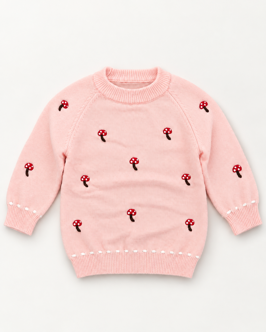 Girls Mushroom Embroidered Knit Sweater – Soft Pink Winter Pullover