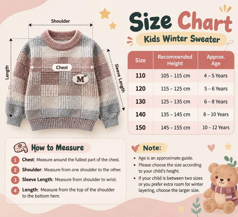Cozy Textured Check Kids Winter Sweater – Mauve, Cream & Grey