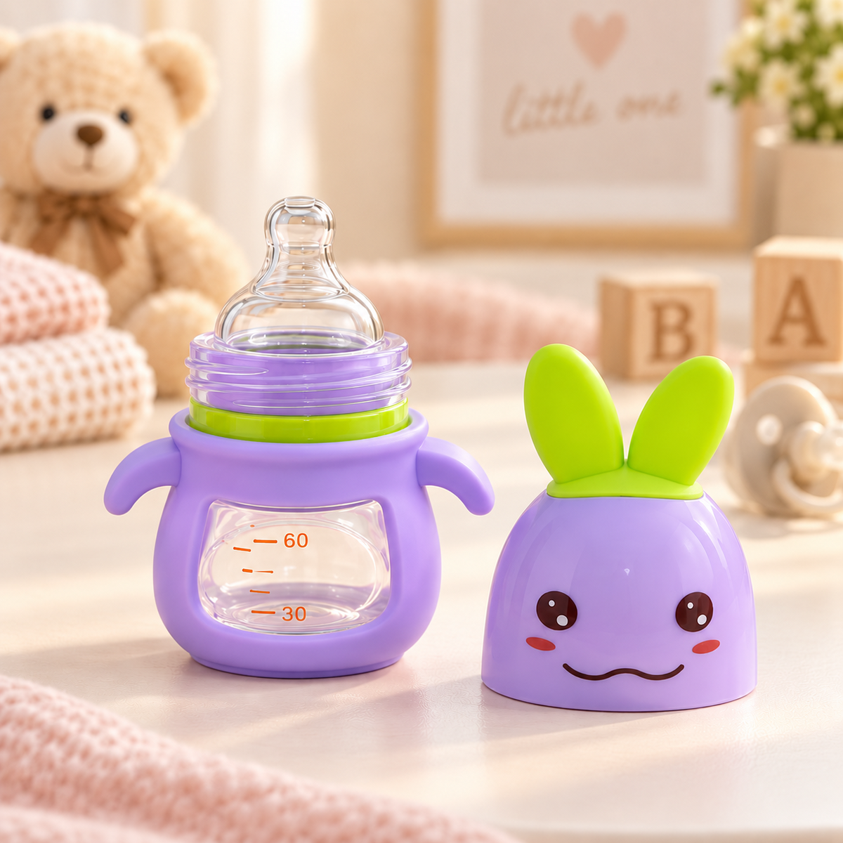 Bunny Wide-Mouth Glass Baby Feeding Bottle with Handles – 80ml
