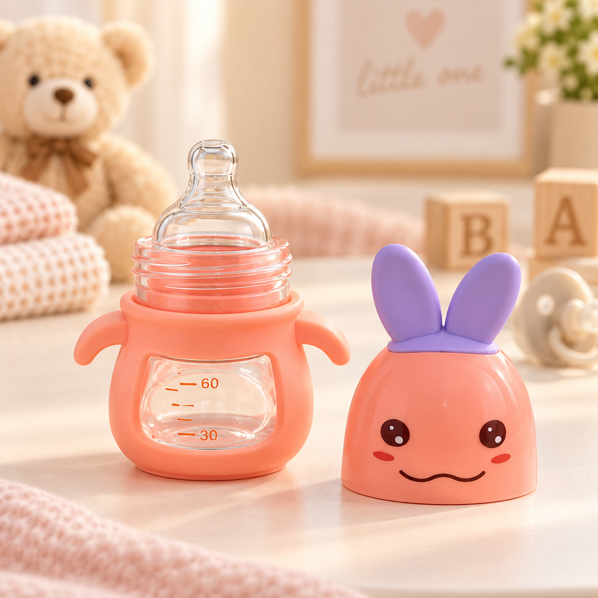 Bunny Wide-Mouth Glass Baby Feeding Bottle with Handles – 80ml