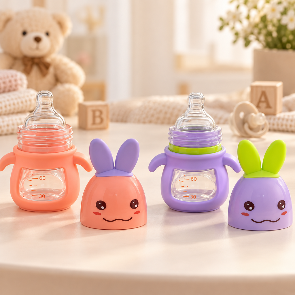 Bunny Wide-Mouth Glass Baby Feeding Bottle with Handles – 80ml